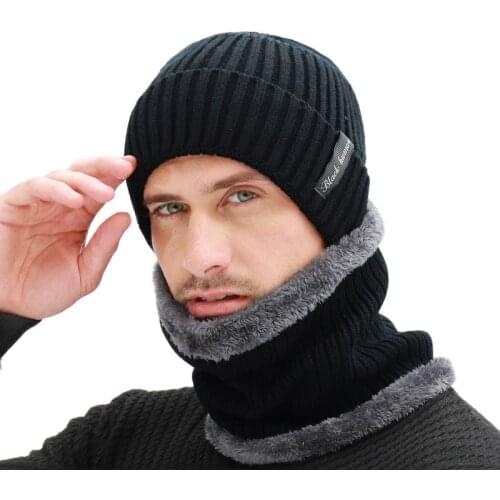 Winter Mens Scarf Knitted Hat Set Mask Warm Caps Plus Velvet Thick Hats For Men Skullies Beanies Women Cap Fashion Balaclava