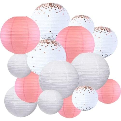 15 pcs/set Pink White Rose Gold Copper Paper Lantern Wedding Hanging Lantern DIY Valentines Day Birthday Party Decoration