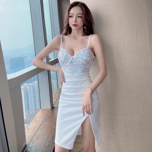 #0975 Black White Red Tight Dress Women Backless Sexy Sleeveless Spaghetti Strap Dress Split Short Mini Dress Female Sequined