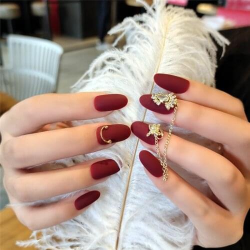 24pcs Burgundy Scrub Long Wear Nail Tips Artificial Diamond Chain Decoration False Nails French Press On Fake Nails Manicure