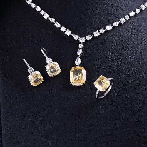 Luxury brilliant Yellow and Clear zirconia waterdrop and cirrus fashion style wedding bridal earring necklace jewelry sets