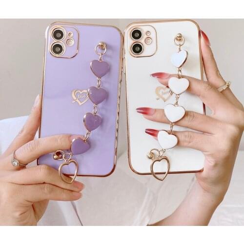 Luxury Love Heart Chain Plating Phone Case For iPhone 12 11 Pro Max XS XR 7 8 Plus X SE2020 12 Mini Christmas Gift Cover Funda