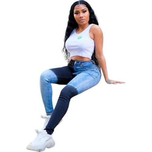 Color Block Pencil Jeans Cool Women Skinny Vintage Patchwork Denim Pants Trousers Summer Mid Waist Pant Streetwear Plus Size 2XL