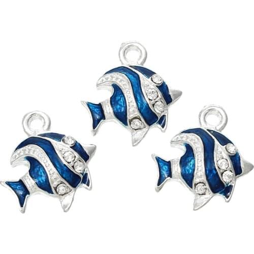 DoreenBeads Charm Pendants Fish silver color Clear Rhinestone Enamel Blue 18.0mm x 16.0mm, 5 PCs