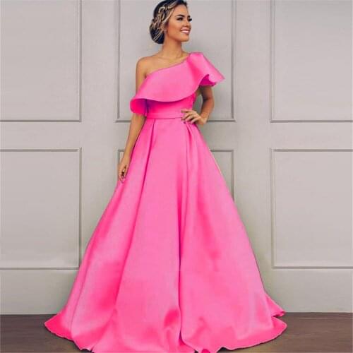 Elegant Pink Evening Dress 2020 One Shoulder Ruched Long Satin Evening Gown Belt Prom Dress Shoulder Zipper Formal Gown for wome