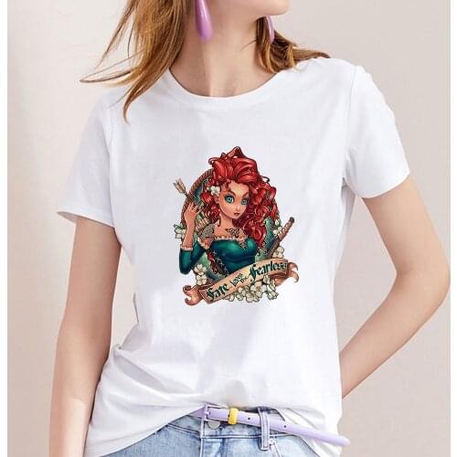 Merida Brave Disney Tattoos Princess Print Tshirt Women Harajuku FATE LOVES THE FEARLESS T Shirt Female T-shirt