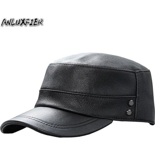H3508 Men Leather Military Hat Women Flat Top Sheepskin Cap Adjustable Baseball Caps Fashion Casual Outdoor Male Hats