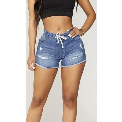 Cotton high waist hole denim shorts women 2021 summer sexy ripped tassel streetwear elastic waist drawstring slim jeans shorts