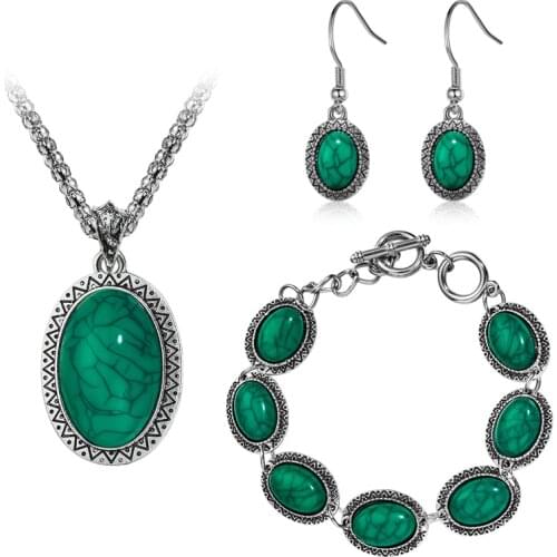 MISANANRYNE Ethnic Jewelry Set Hot Sale Ethnic Blue Stone Jewelry Sets Tibetan Silver rings Necklace Earrings Set