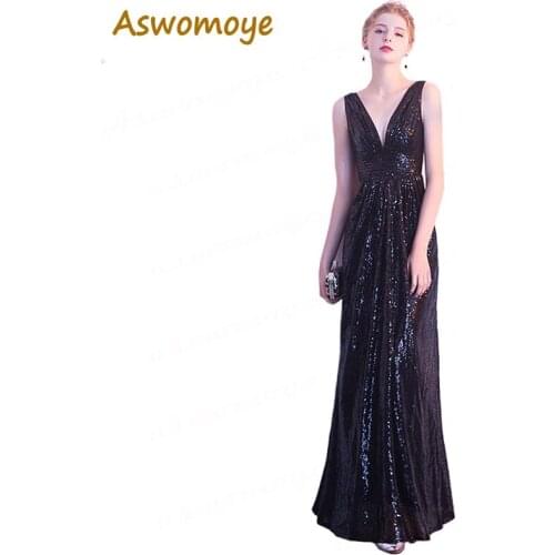 Stunning Silver Long Evening Dress 2018 A-Line Prom Dresses Sexy V-Neck Party Dress Sleeveless Formal Dress Vestido de festa