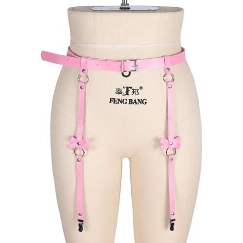 Harajuku Bowknot Leg Harnesss Garter Belt For Stockings Leather Sexy Body Bondage Lingerie BDSM Women Waist To Leg Binding Belt