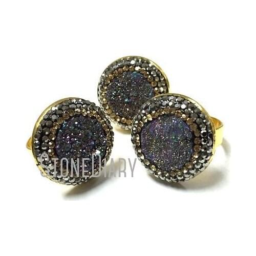 RM1556 5Pcs Realease Copper Ring Rainbow Aura Druzy Crystal Mineral Black Rhinestone Pave Round Shape Ring For Sale Adjustable