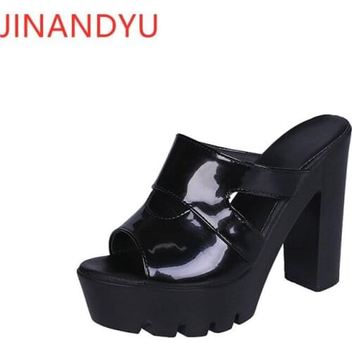 High Heels Women Chunky Slippers Patent Leather Sandals Women Red Black Platform Shoes New Slippers Woman Sandals High Heel