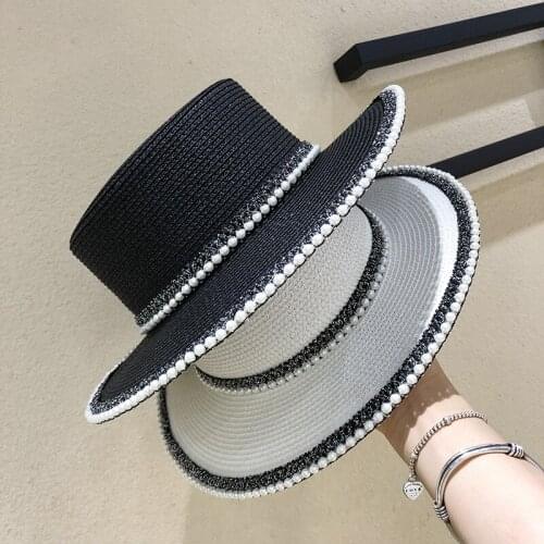 Large Brim Beads Pearl Straw hat Summer Ins Sunhat Flat Bolwer hat Womens Beach Party Sunshade Sunscreen cap Gorros