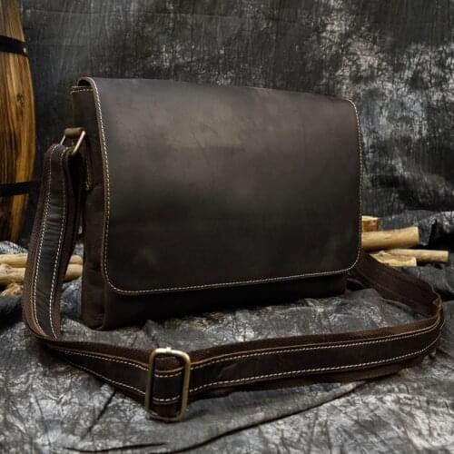 Mens genuine leather messenger bag A4 vintage Crazy horse leather shoulder Bag cowhide magnetic flap Laptop crossbody bag