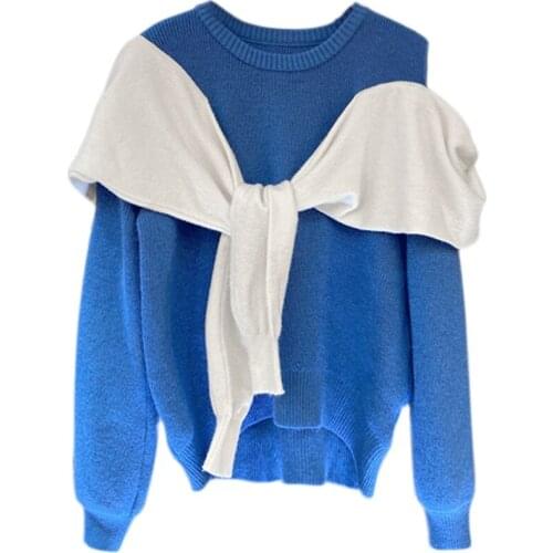 [Aurance] Women Vintage Patchwork Design Fake Two Knit Sweater Women Color Matching Casual Loose Women Sweaters Pullovers 2021