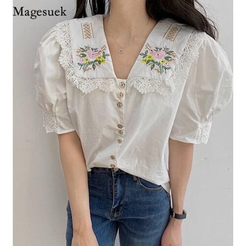 Sweet Embroidered Flowers Women Blouse Puff Sleeve Tops Summer Lace White Woman Shirt Korean Slim Single-breasted Blouses 14382
