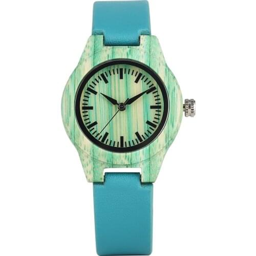 Womens Leather Strap Watch Quartz Wooden Watches Concise Green Dial Green Elegant Casual Diameter 32cm