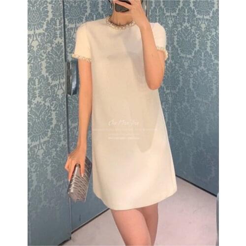 High-End Customization Women Vintage Short Sleeve Solid Loose Dress Diamond Collar With Pearl Elegant Temperament 2021 Summer