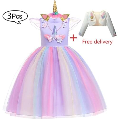 2019 Unicorn Dress Girls Embroidered Kids Dresses For Girls Costume Birthday Party Princess Dress Children Clothing 3-10 Age