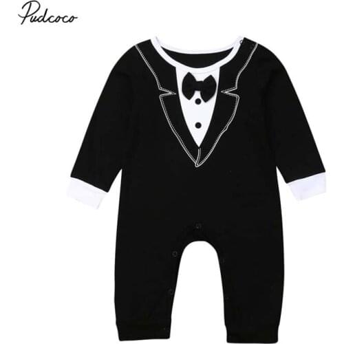 2019 Baby Summer Clothing Newborn Infant Baby Boy Wedding Party Bowtie Gentleman Romper Long Sleeve Outfit Jumpsuits