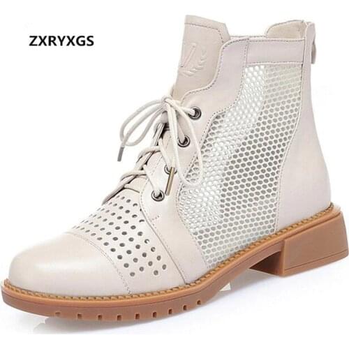 2021 New Round Toe Hollow Top Cowhide Mesh Summer Boot Fashion Sandals Classic Leather Sandals Non-slip thick Heel Women Sandals
