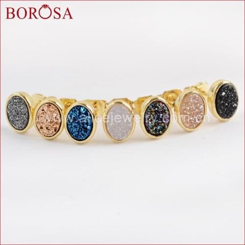 BOROSA 5/10Pairs Hot Oval Gold Color Bezel Rainbow Titanium Druzy Stud Earrings Agates Drusy Earring Jewelry for Women ZG0278