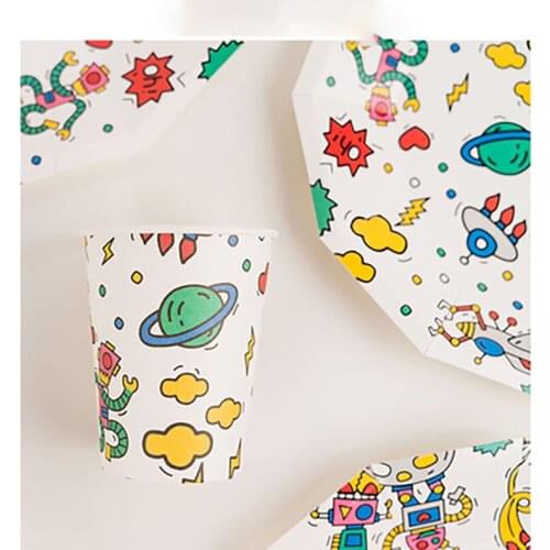 8pcs Cartoon Robot Plastic Plates Birthday Party Decorations Disposable Partys Assiette Jetable Cumpleaños Rietjes Plastic