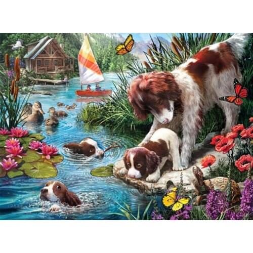 Yujohom DMC Cross Stitch Diamond Embroidery Swimming Dogs Ducks Mosaic Diy Diamond Paintings Full Picture By Number Home Decor