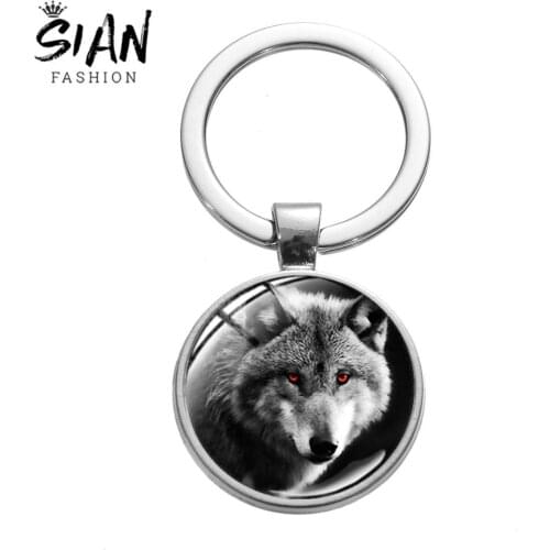 SIAN Trendy Nordic Wiccan Wolf Keychain Aggressive Wolf Full Moon Steampunk Glass Photo Keyring Multistyle Silver Color Chaveiro