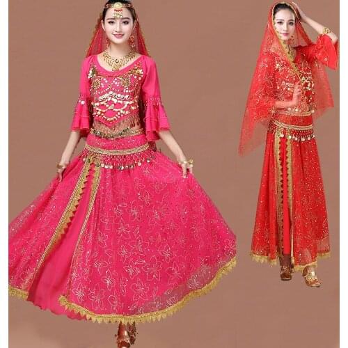 Bollywood Egypt Indian Dance Costume Set For Women Half Sleeves Coin Top Shirt Belly Dancing Skirt Practice Belly Dance Wear