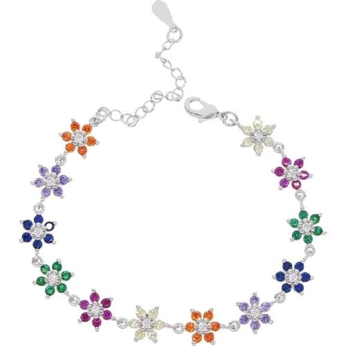 Gold silver Color red green blue cz paved flower Charm Bracelets bangle link rainbow Zircon Stone Fashion tennis chain Jewelry