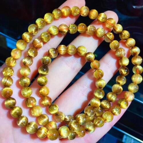 Natural Gold Rutilated Quartz Clear Round Beads Bracelet 6.2mm For Women Men 3 Laps Fashion Wealthy Stone Certificate AAAAA