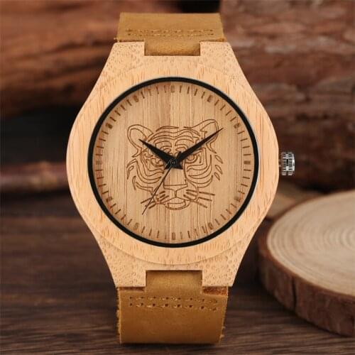 Exquisite Carving Tiger Face Analog Quartz Men Watch Brown Genuine Leather Wristband Male Bamboo Wooden Casual Wrist Watches
