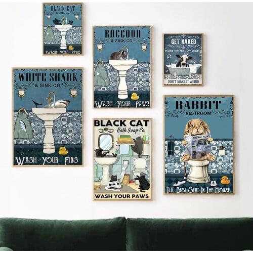 Black Cat Shark Rabbit Raccoon Poster Get Naked Quote Print Bathroom Wall Art Toilet Canvas Painting Pictures Room Wall Decor