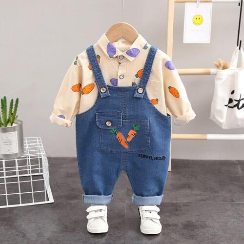 Spring Autumn Children Cotton Clothes Baby Boys Girls Shirt Jeans Overalls 2Pcs/sets Infant Kids Fashion Toddler Tracksuits