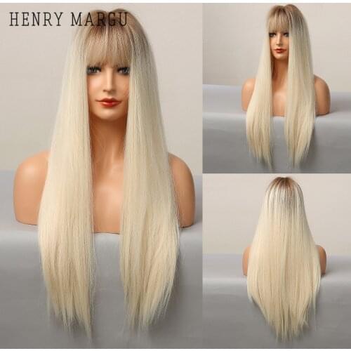 HENRY MARGU Long Straight Synthetic Wigs Ombre Platinum Blonde White Hair Wig with Bangs for Women Cosplay Heat Resistant Wig