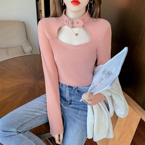 Buckle Halterneck Sexy Womens T Shirt Harajuku Long Sleeve Cotton Top Streetwear Tshirt Women Tight Tees y2k aesthetic