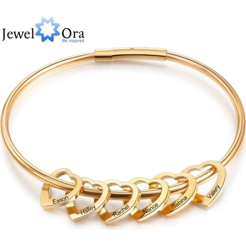 Gold-color Stainless Steel Personalized Bracelets with Hearts Customized Engraved 2-6 Names Bracelets & Bangles for Women Gift