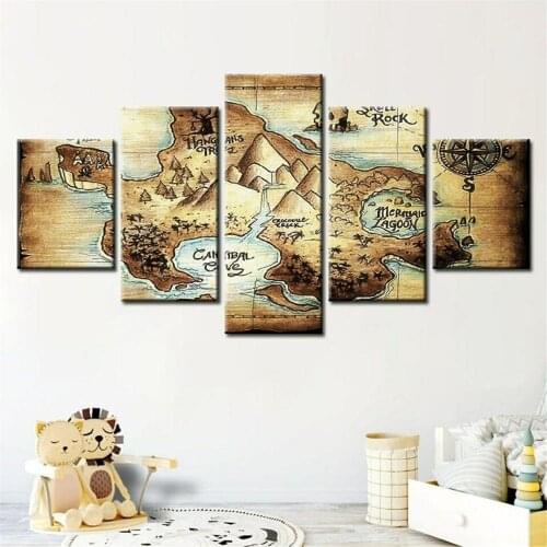 Painting Wall Art Canvas 5 Pieces Neverland Map Printed Wall Art Framed Modular Poster Pictures for Nursery Kids Room Home Decor