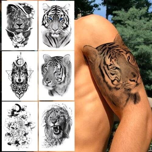 Hot Sale Tiger Temporary Tattoo For Men Women Adult Kids Black Lion Wolf Geometry Tattoos Sticker Fake Flower Washable Tatoo Arm