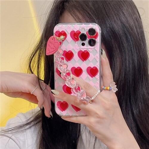 Cute Pink Love Heart Bracelet Phone Case For iPhone 11 12 Pro Max XR XS SE20 7 8Plus Fashion Chain Wrist Clear Soft Cover Fundas