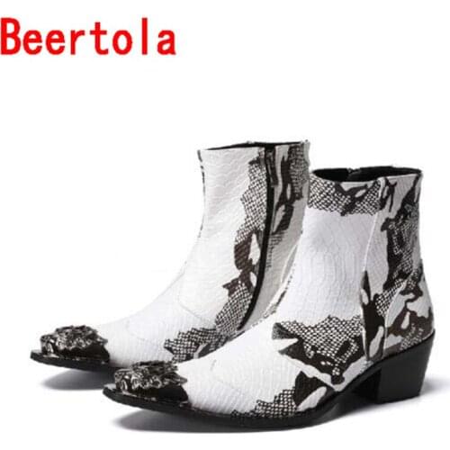 Beertola Real Leather Mens Mixed Color Pattern Metal Decoration Ankle Boots Men Black And White Masculine Shoes Zip Botas