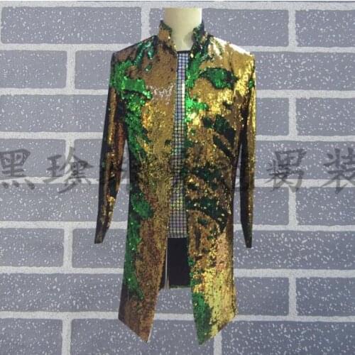 Rock mens long suits designs stage costumes for singers men sequin blazer olor changeable jacket star style stand collar punk