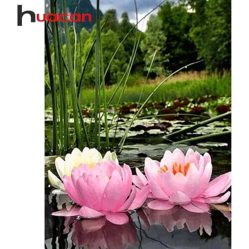 Huacan 5D DIY Mosaic Diamond Painting Full Square/Round Lotus Flower Diamond Embroidery Complete Kit Lake Landscape Needlework
