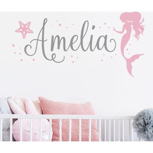 Mermaid with Name Wall Stickers For Girls Room Home Decor Wall Decals Mermaid & Starfish Personalized Names LC1207