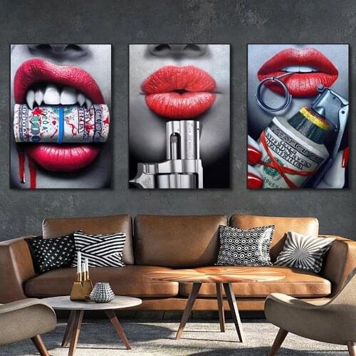 New Red Sexy Lips Dollar Gun Bullet Picture Canvas Decoration Painting Figure Poster Wall Art Home Decoration for Living Room
