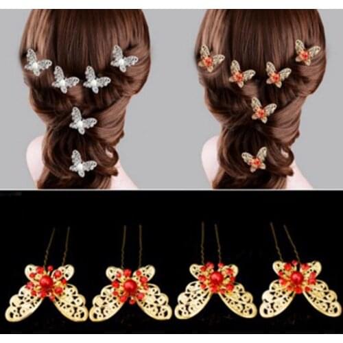 Plate Sliver Red Bride Headdress Butterfly Pearl U-Shaped Clip Flower Fairy Wedding Hair Accessories For Women