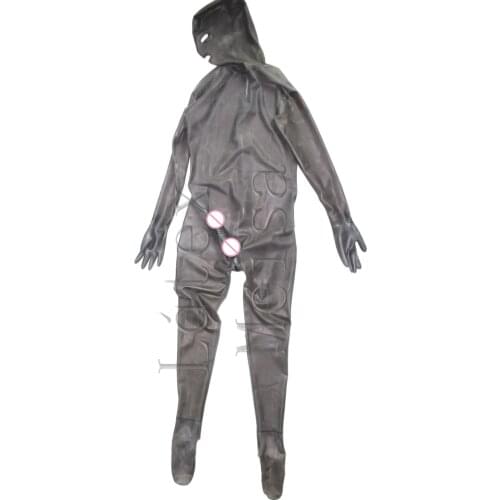 Transparent black full cover homme tight latex catsuit with condom with latex hoods Fetish attached back zip to crotch