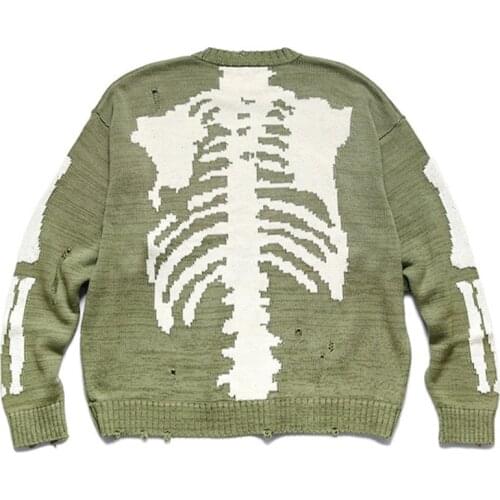 Hip Hop Skeleton Bone Printing Sweater Men Woman Ripped Hole Streetwear Vintage Knitted Pullover Long Sleeve Sweaters Oversized
